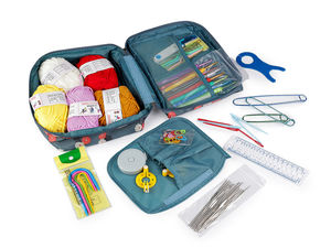 Premium 57-Piece Crochet and Knitting Set with Zippered Blue-Grey Case – Crochet Hooks, Yarn, and Accessories
