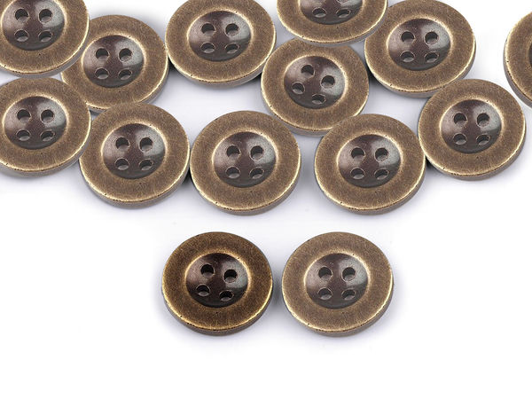 Vintage Brass Metal-Imitation Round 4-Hole Buttons - Size 24 (15mm) Premium Plastic Fasteners for Shirts, Jackets, and Sweaters