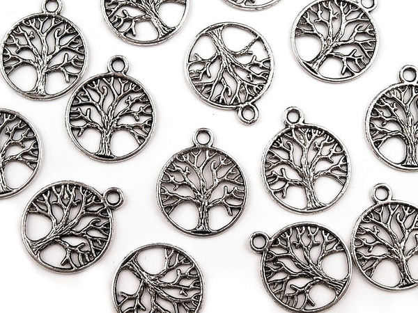 Platinum Tree of Life Two-Sided Metal Charm Pendant (Ø20 mm) - Premium Flora Decoration for Clothing, Jewelry, and Accessories
