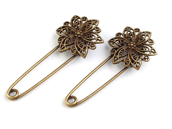 Filigree Floral Pin Brooch – Elegant Flower Decorative Brooch for Jackets, Dresses, and Hats (25x55 mm)