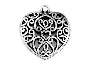 Double-Sided Heart Charm Pendant with Glittering Crystals (30x30mm) - Platinum with Patina