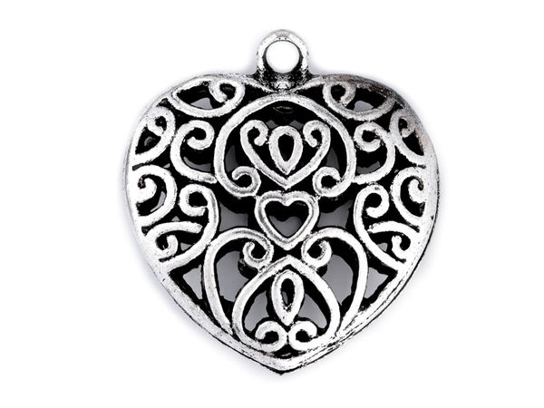 Double-Sided Heart Charm Pendant with Glittering Crystals (30x30mm) - Platinum with Patina