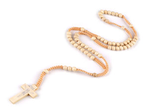 Handcrafted Wooden Bead Rosary Necklace on Macrame Cord – Devotional Prayer Beads with Wood Cross