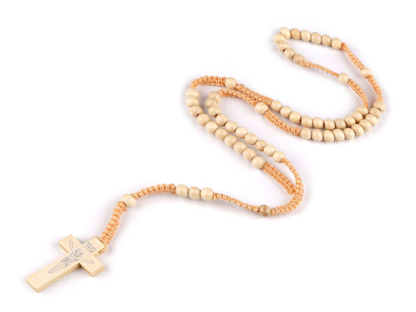 Handcrafted Wooden Bead Rosary Necklace on Macrame Cord – Devotional Prayer Beads with Wood Cross