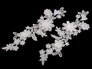 Elegant White 3D Floral Lace Yoke Applique Pair (10x28 cm) - Premium Embroidered Flower Patch Trim for Dresses, Blouses & DIY Crafts