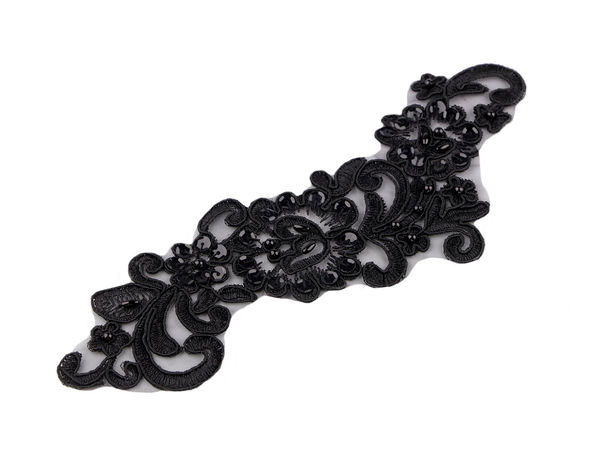 Elegant Black Rose Beaded Lace Applique Insert - Premium Sequin Monofilament Yoke Patch (8x24 cm)