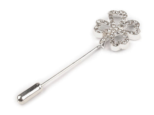 Silver Four-Leaf Clover Rhinestone Decorative Pin (17x51 mm) - Premium Lapel Brooch and Event Decor Accent