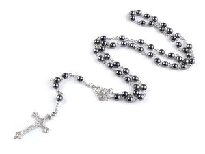 Classic Waxed Cord Rosary Bead Necklace with Metal Crucifix
