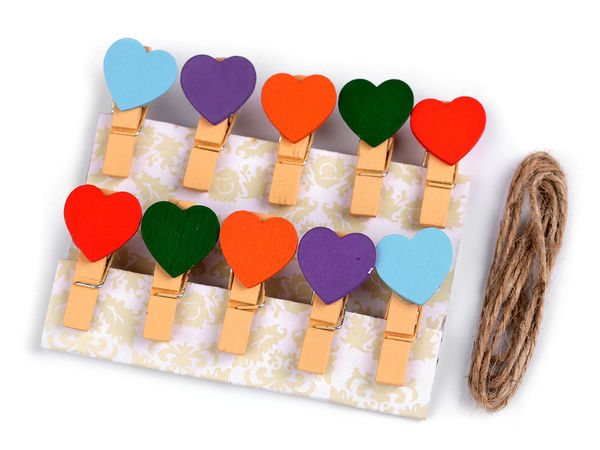 Premium Wooden Heart Pegs with Hanging Cord - Decorative Mini Clothespins Set for Photos, Crafts, and Event Displays