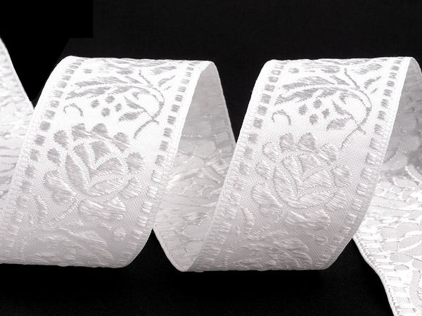 Premium Woven Jacquard Floral Trim Ribbon (40mm, White) - Elegant Haberdashery Border for Blankets, Pillows, and Crafts