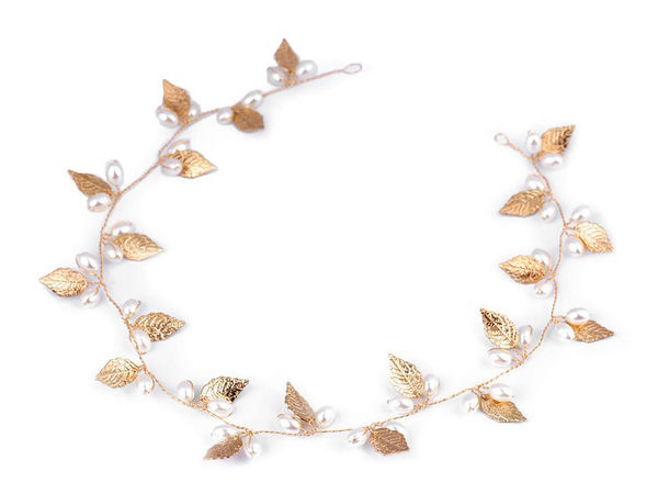 Elegant Pearl Bead and Golden Leaf Bridal Hair Vine - Long Festive Headband & Tiara (43cm)