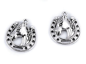 Premium Metal Horse in Horseshoe Pendant Charm (18x21mm) - Platinum Patina Finish