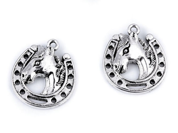 Premium Metal Horse in Horseshoe Pendant Charm (18x21mm) - Platinum Patina Finish