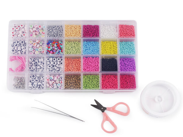 Premium DIY Jewelry Making Bead Kit - 28-Compartment Craft Set with Seed Beads, Letter Charms, Scissors, Tweezers & Elastic Cord