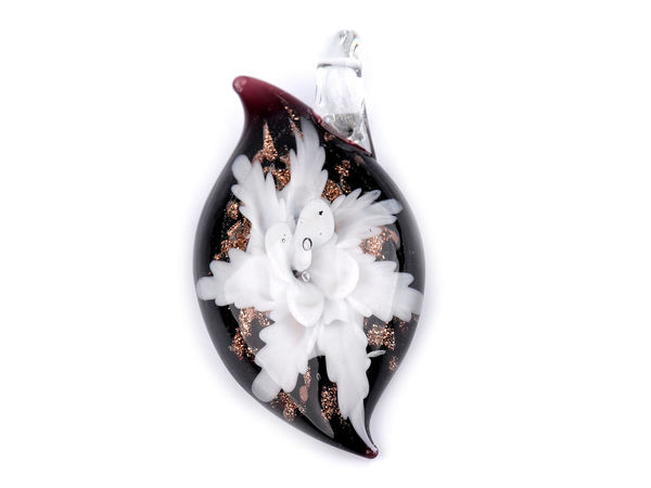 Handcrafted Artisan Glass Flower Pendant with Glitter Accents (27x51mm)