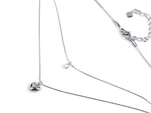 Stainless Steel Double Chain Layered Necklace - Floating Heart and Sparkling Solitaire Pendant