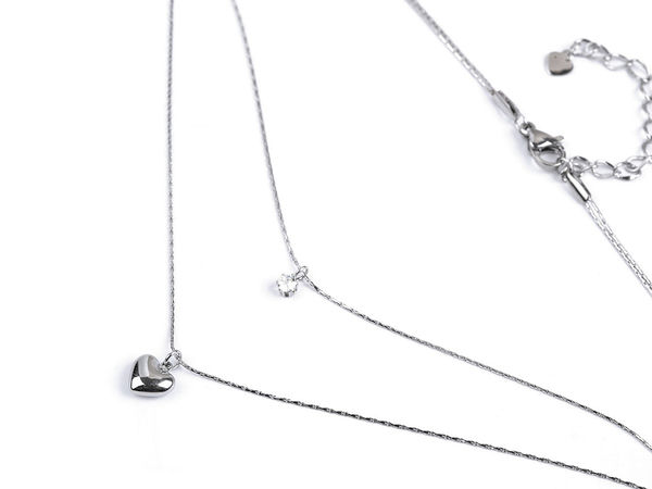 Stainless Steel Double Chain Layered Necklace - Floating Heart and Sparkling Solitaire Pendant