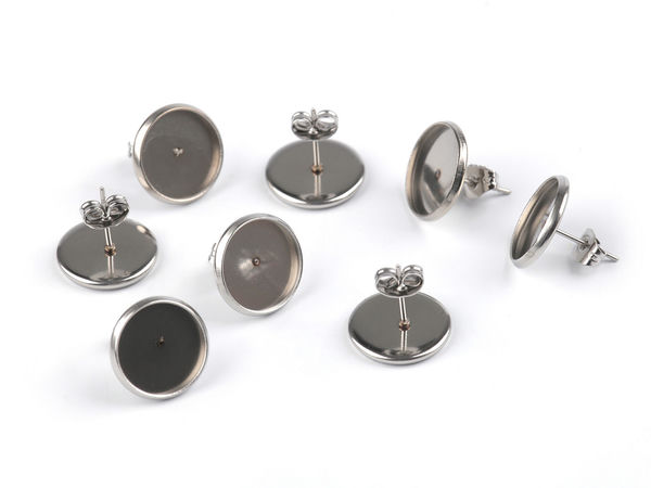 Stainless Steel Stud Earring Bezel Setting Blanks - 12mm Round Cabochon Trays for DIY Jewelry Making