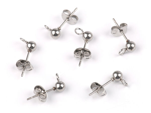 Stainless Steel Ball Stud Earring Findings with Open Hanging Loop, 4mm Post