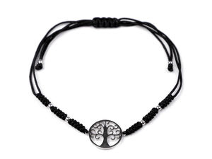 Tree of Life Shamballa Charm Bracelet - High-Gloss Stainless Steel Adjustable Cord Bracelet, Black