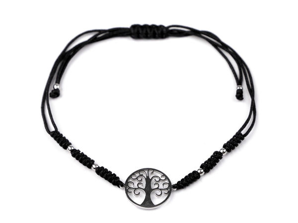 Tree of Life Shamballa Charm Bracelet - High-Gloss Stainless Steel Adjustable Cord Bracelet, Black