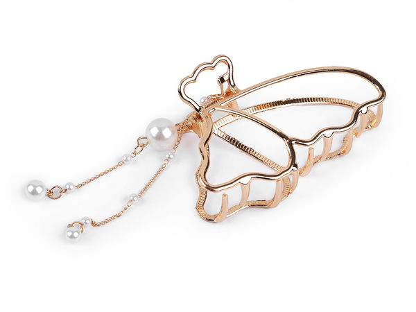 Elegant Gold Metal Butterfly Hair Claw Clip with Pearl Tassel Chains