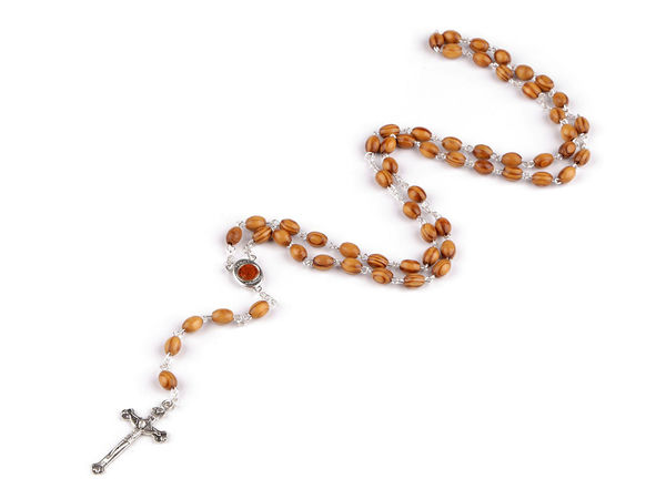 Handcrafted Wooden Bead Rosary Necklace with Metal Crucifix & Storage Box