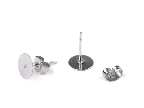 Premium 8mm Stainless Steel Flat Pad Stud Earring Findings with Earnuts (Platinum) for Jewelry Making