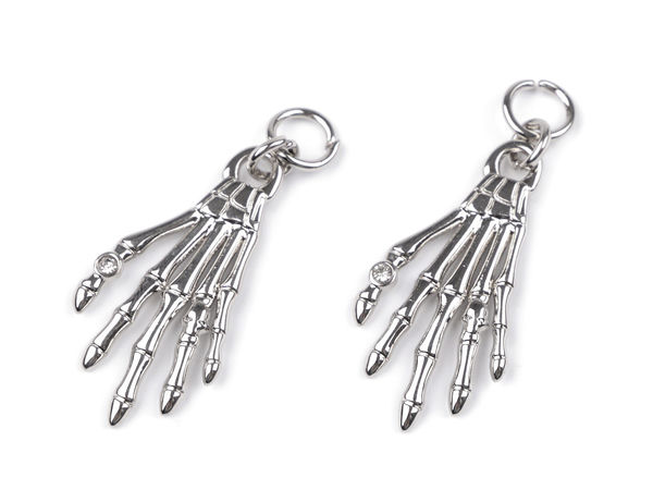 Rhinestone-Embellished Skeleton Hand Pendant Charm, Platinum Finish - 18x35mm