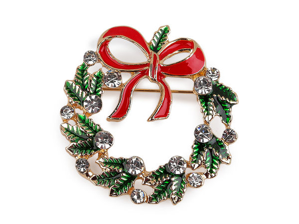 Rhinestone Christmas Wreath Brooch Pin - Festive Holiday Jewelry Accent