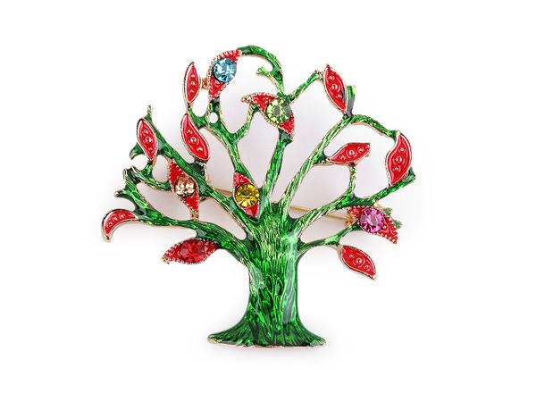 Tree of Life Enamel and Rhinestone Metal Brooch Pin - Green