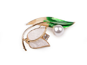 Elegant Plant Motif Enamel Brooch with Lustrous Faux Pearls