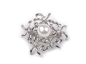 Platinum Lotus and Ginkgo Leaf Botanical Brooch with Lustrous Pearl Accent