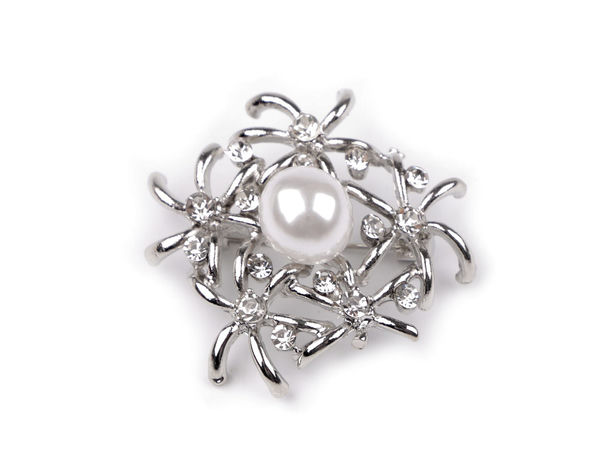 Platinum Lotus and Ginkgo Leaf Botanical Brooch with Lustrous Pearl Accent