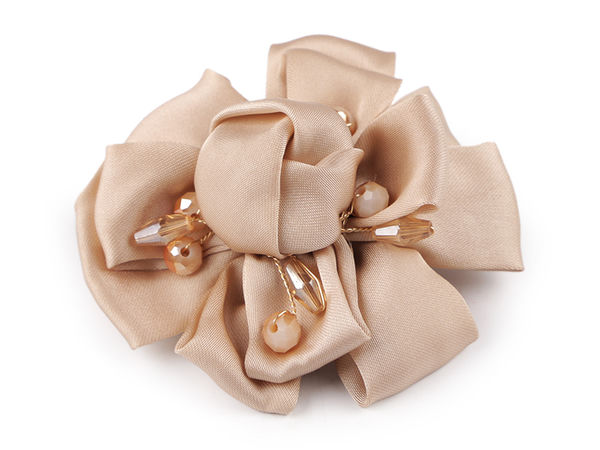 Elegant Satin Flower Brooch with Sparkling Rhinestones & Beads (7cm) - Premium Floral Lapel Pin for Jackets, Dresses, and Handbags