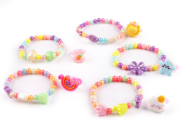 Girls Pearlescent Bead Jewelry Set - Elastic Bracelet and Adjustable 3D Ring, Assorted Colors