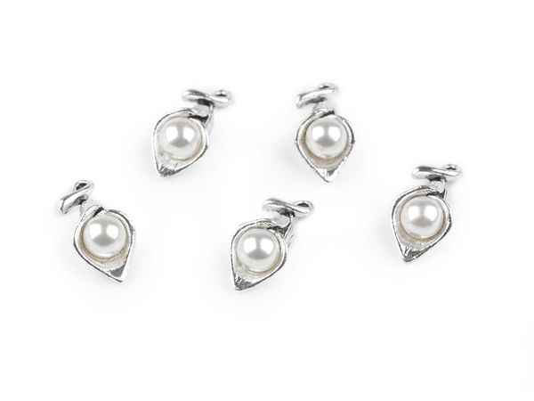 Premium 3D Flower Charm Pendant & Zipper Pull with Wrapped Pearl - Platinum (9x18mm)