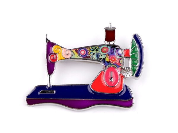 Vintage-Inspired Enamel Sewing Machine Brooch with Cut Stone Detail