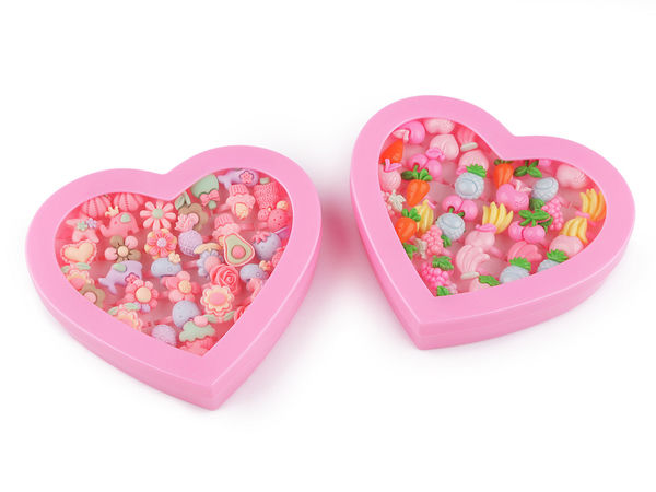 Kids Adjustable Toy Rings Set - Assorted 3D Colorful Motifs with Heart-Shaped Display Box