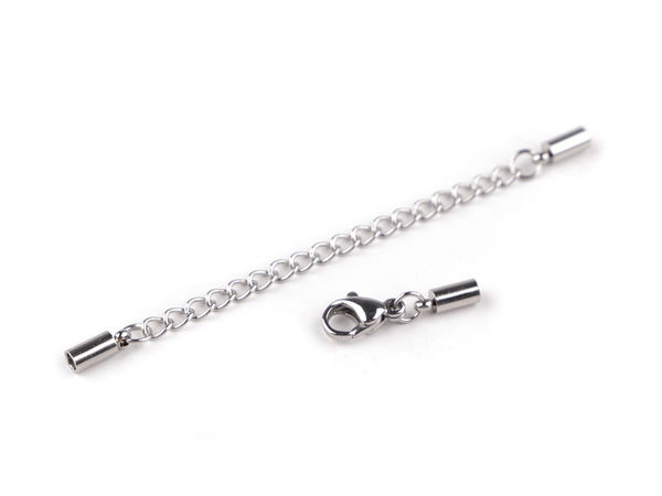 Stainless Steel Lobster Clasp Connector Set with Extension Chain & 2mm End Caps - Platinum