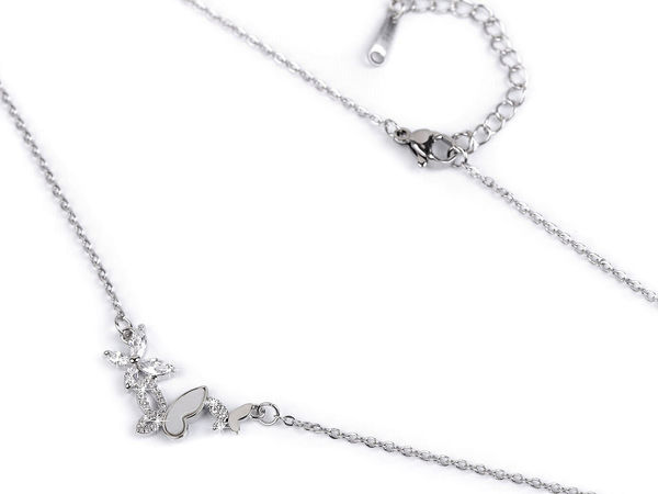 Stainless Steel Butterfly Pendant Necklace with Sparkling Rhinestones & Mother-of-Pearl - Crystal Silver