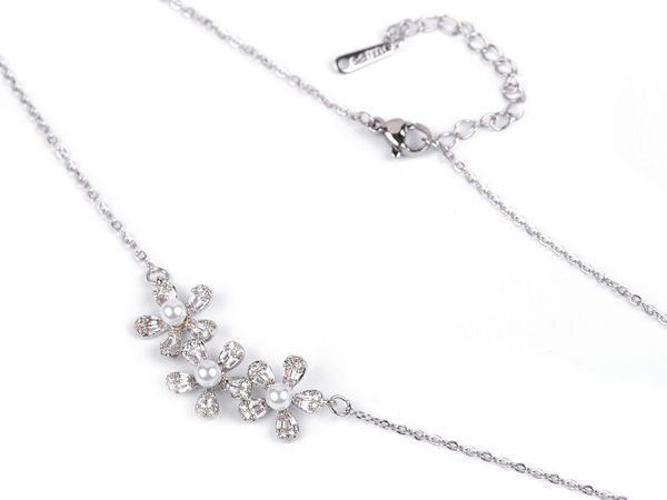 Stainless Steel Floral Pendant Necklace with Sparkling Rhinestones and Simulated Pearls, Adjustable Cable Chain