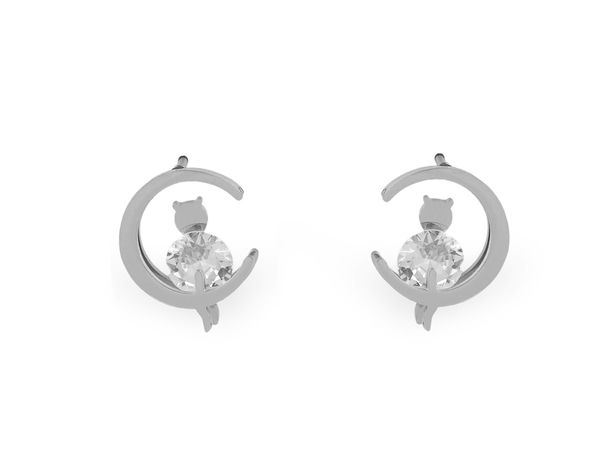 Stainless Steel Crescent Moon and Sitting Cat Earrings with Sparkling Rhinestone