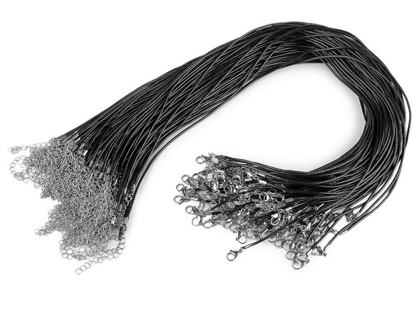 Black Waxed Necklace Cord with Stainless Steel Carabiner Clasp & Extension Chain - 45cm