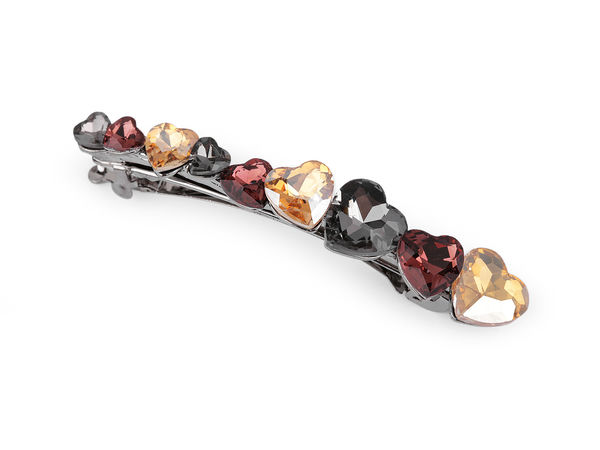 Elegant French Hair Clip with Sparkling Acrylic Cut Hearts - All-Metal Hair Barrette