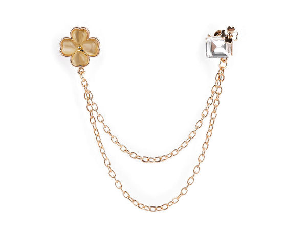 Four-Leaf Clover Collar Pin & Cardigan Clip Brooch with Rhinestones and Pearls