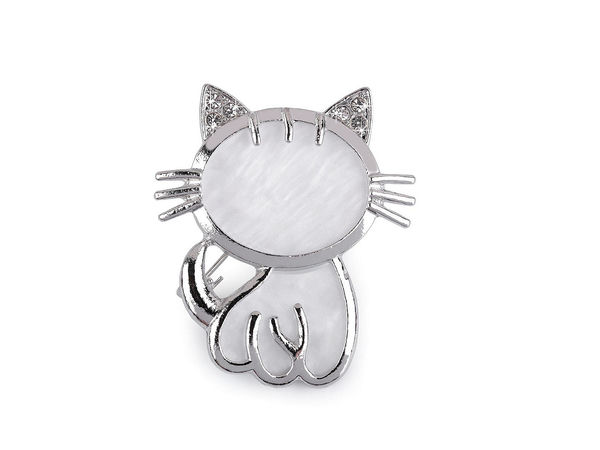 Elegant Cat Brooch with Shimmering Mother of Pearl and Rhinestone Accents