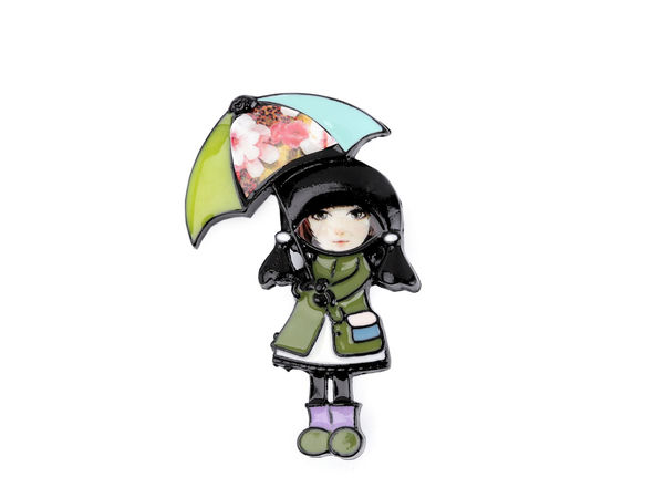 Enamel Little Girl with Umbrella Brooch - Playful Fashion Pin for Clothes, Bags, and Scarves
