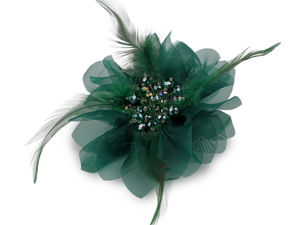 Elegant Chiffon Flower Brooch with Glass Cut Beads & Feathers - Dual Pin & Hair Clip