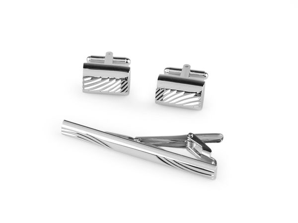 Men's Premium Cufflinks and Tie Clip Set with Elegant Gift Box - Platinum Finish